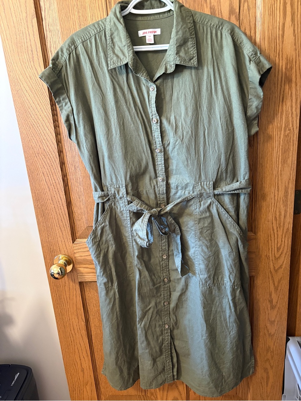 Joe Fresh Olive Green Button-Front Midi Dress with Tie Waist